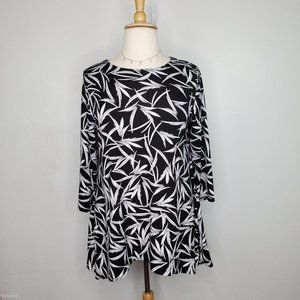 Alfani Black White Leaf Pattern Stretchy Pullover Knit Top Blouse, Size XL